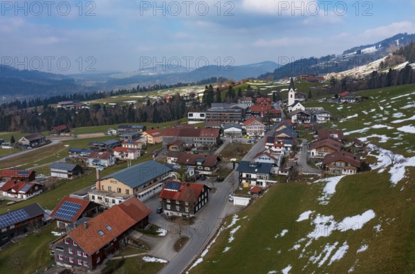 Drone image, residential buildings, settlement area, parish church, Riefensberg, Bregenzerwald, Vorarlberg, Austria