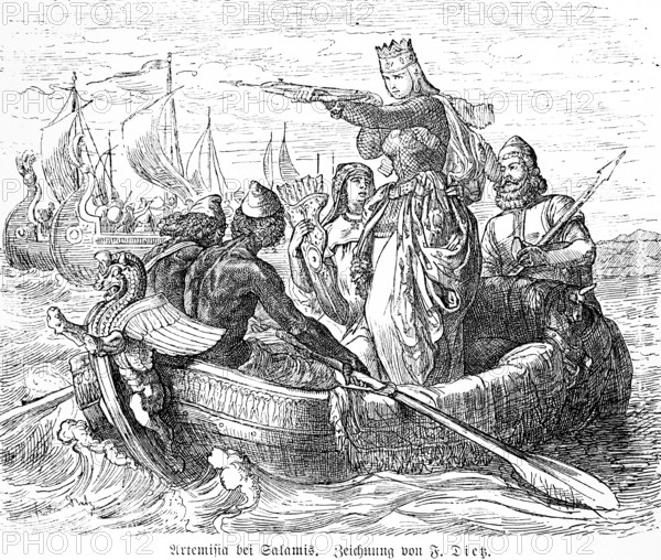 Queen Artemisia in the naval battle of Salamis, ancient Greece, heroine, Persians, Greeks, warships, sailing ships, sea, boat, crossbow, shooting, Kingdom of Caria, royal crown, important woman, history, historical illustration 1894