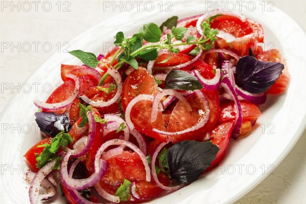 Fresh tomato salad, with red onion, spices and herbs, top view, close-up, homemade