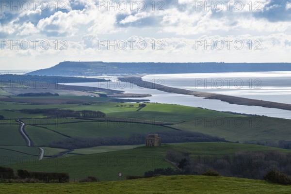 View of St. Catherine's Chapel and Swyre and West Bexington beach from a drone, Abbotsbury, Weymouth, Dorset, England, United Kingdom