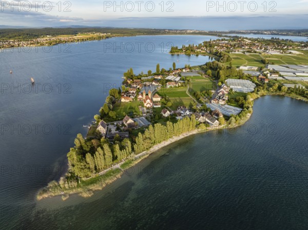 Aerial view, of the north-western tip of the island of Reichenau in Lake Constance, with the district of Niederzell and the columned basilica of St Peter and Paul, with Windegg Castle on the shore, district of Constance, Baden-Württemberg, Germany