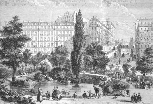The Square Montholon and the Pont de la rue Vellefond in Paris, 1869, France, Historic, digitally restored reproduction of a 19th century original, exact original date unknown