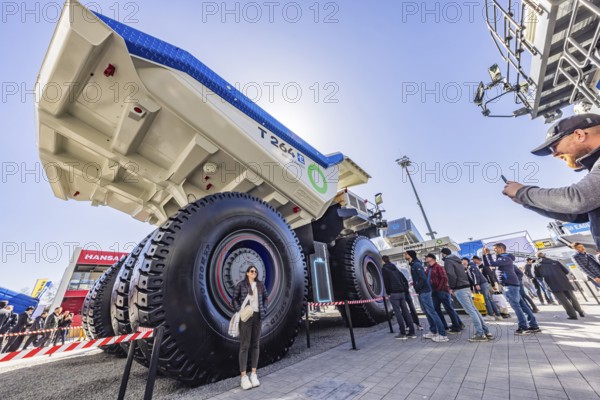 Liebherr T 264, battery-electric and autonomous mining truck, designed for a payload of 240 tonnes. BAUMA Munich, 34th World's Leading Trade Fair for Construction Machinery, Building Material Machines, Mining Machines, Construction Vehicles and Construction Equipment. In 2025, the trade fair will attract around 600, 000 visitors from more than 200 countries and regions and 3601 exhibitors. Open-air area with exhibits from Liebherr. Munich, Bavaria, Germany