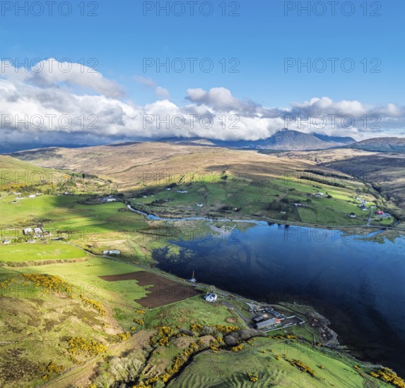 Panorama of Farms and Moors over Loch Harport from a drone, Drynoch, Isle of Skye, Highlands, Scotland, United Kingdom