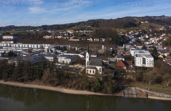 Drone image, housing estate, apartment blocks and high-rise estate, Puchenau, Linz Land district, Danube, Upper Austria, Austria