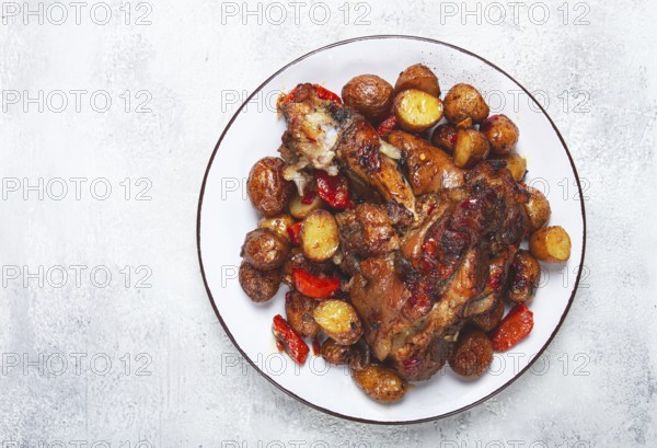 Pork knuckle baked with vegetables, new potatoes, on a white plate, homemade, no people