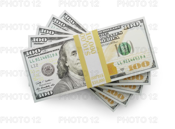 Fifty thousand dollars stack of one hundred dollar bills isolated on a white background