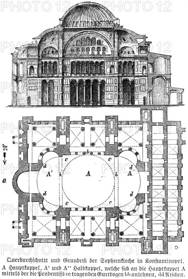 Qur'an section and floor plan of St Sophia's Church in Constantinople, Hagia Sophia in Istanbul, Turkey, historical illustration 1880