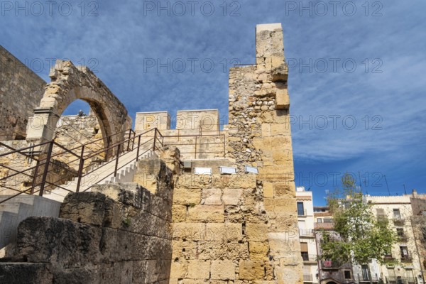 Plaça del Rei with the Torre del Pretori o Castell del Rei and the church Església de Natzaret in Tarragona, Spain