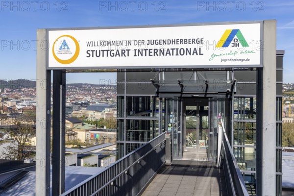Youth hostel with DJH logo. Entrance area with a view of the state capital Stuttgart, Baden-Württemberg, Germany