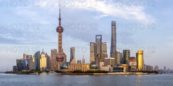 Shanghai skyline at the Bund with Oriental Pearl Tower city centre Downtown Pudong Panorama in Shanghai, China