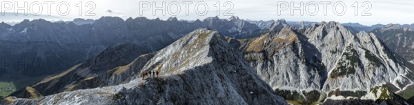Hikers on the Gamsjoch, aerial view, Alpine panorama of the Gamsjoch group, Eng valley, Karvendel, Tyrol, Austria