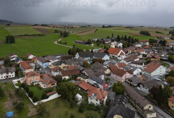 Drone image, view of the village, Mettmach, Innviertel, Upper Austria, Austria