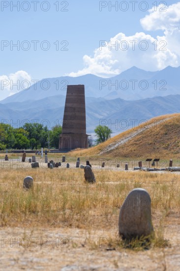 Burana Tower, remains of Karakhanid Minaret, histroic ancient city of Balasagun on the Silk Road, Balbals, historic tombstones in the shape of human faces, near Tokmok, Chuy, Kyrgyzstan