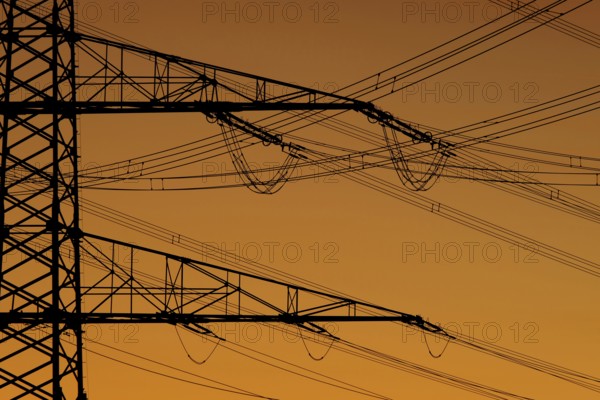 Power line, overhead line, power line, silhouette, sunset, Federal Republic of Germany