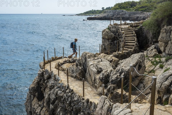 Picturesque wild hiking trail on the coast, Sentier du Littoral, Cap d'Antibes, Antibes, Provence Alpes Côte d'Azur, South of France, France