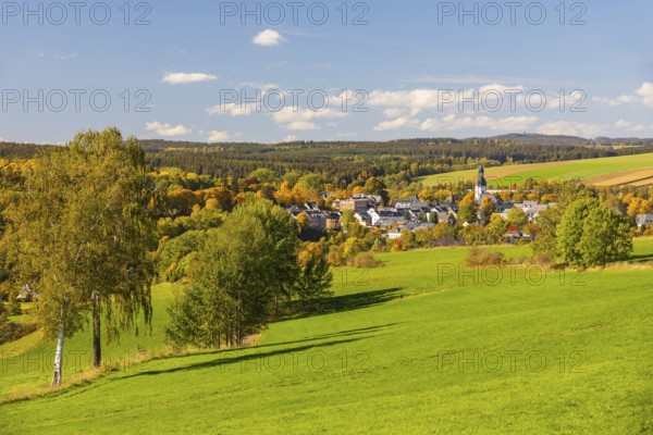 Town view with town church in autumn, in the background the Spiegelwald with the König-Albert-Tower, Schlettau, Erzgebirge, Saxony, Germany