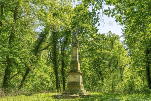 Victoria Monument, angel statue perforated by bullets during the Second World War in the park of Tamsel Castle, Dabroszyn, Witnica, Lubuskie Voivodeship, Poland