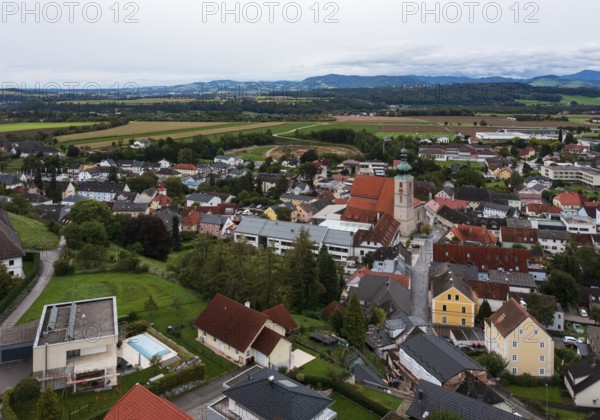 Drone image, view of village with parish church, Sierning, Traunviertel, Upper Austria, Austria