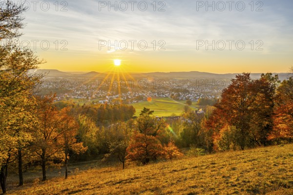 View over the city of Neumarkt from Wolfstein castle ruins at sunset in autumn, Neumarkt in der Upper Palatinate