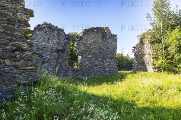 Remains of the walls of the old pilgrimage church of St Oswald, Dudelskirche Waschleithe, Grünhain-Beierfeld, Erzgebirge, Saxony, Germany