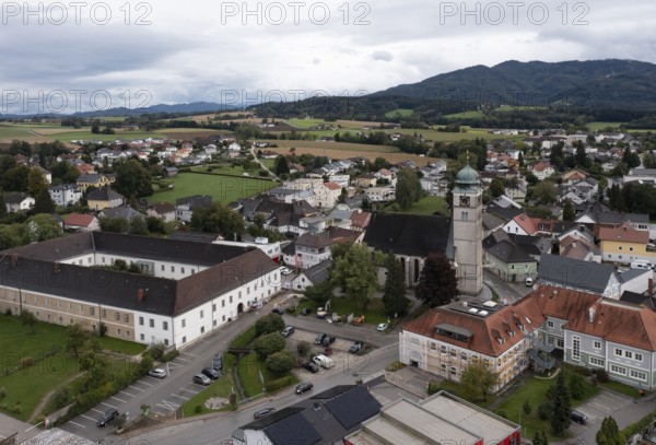 Drone image, view of village with parish church, Pettenbach, Traunviertel, Upper Austria, Austria