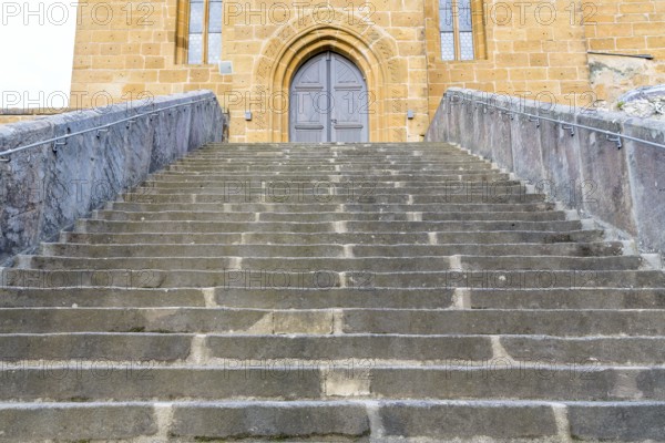 Long and wide staircase to the Gügelkirche St. Pankratius on the Gügel near Scheßlitz, Upper Franconia, Bavaria, Germany