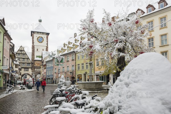 Houses covered with snow in the historic city centre, Freiburg im Breisgau, Black Forest, Baden-Württemberg, Germany