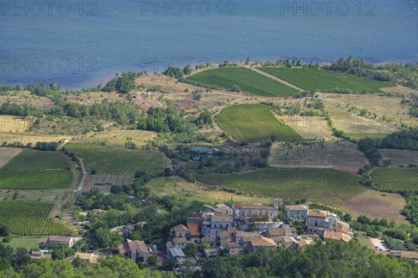 View from Mont Liausson to the village of Liausson, Mourèze, Département Hérault, France