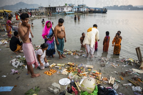 People offer prayers on the bank of Brahmaputra river on Ashoka Ashtami Festival during Chaitra Navratri on April 5, 2025 in Guwahati, India