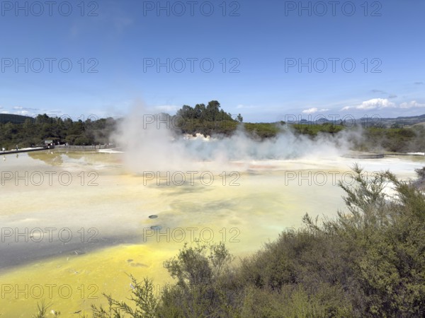 Champagne Pool at the Waiotapu Thermal Track in the colourful geothermal area of Waiotapu Thermal Wonderland, North Island, New Zealand, Oceania