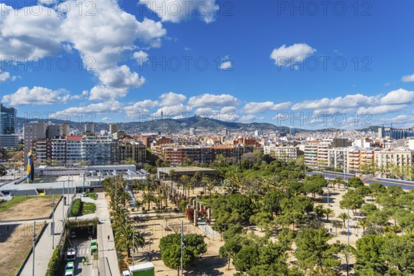 View of the Miró Park with the sculptureWoman and Bird, Dona i Ocell, by Joan Miró in Barcelona, Spain