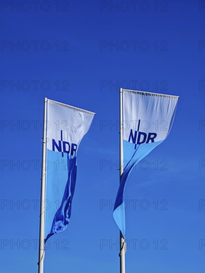 Two flags with lettering NDR, Norddeutscher Rundfunk, Landesfunkhaus Schlossplatz 3, flagpoles, colours blue white, strong wind, symbol, background blue, old town, Kiel, Schleswig-Holstein, Germany