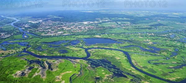 Poland, Europe, Lubuskie, Warta, Warta, Oder, nature reserve, Küstrin, river, aerial view, estuary, Warta Estuary National Park, Park Narodowy Ujscie Warty, Kostrzyn nad Odra, the Warta, panorama