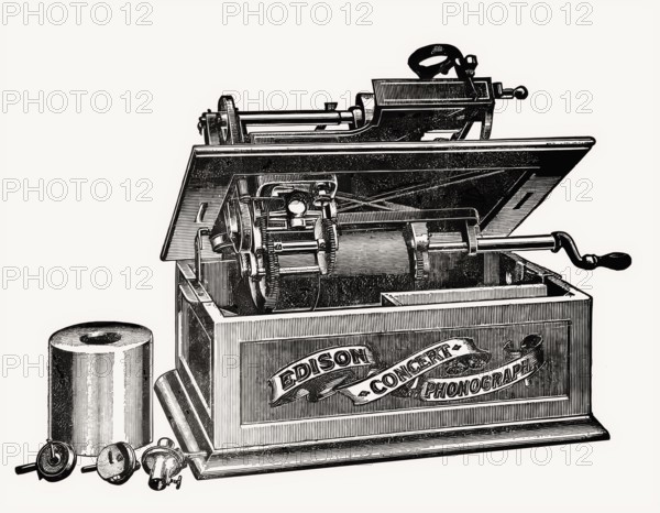 Historical illustration, 19th Century, Concert Phonograph by Thomas Alva Edison