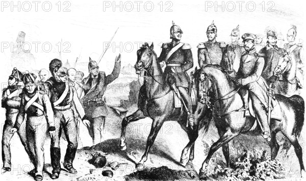 General von Wrangel on horseback in the town of Schleswig, horsemen, soldiers, weapons, rifles, sword, pickelhauben, uniform, epaulettes, Gottorf Castle, Prussia, historical illustration 1884