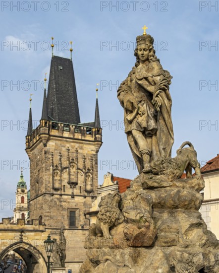 Statue of Vitus with Malá Strana Bridge Tower, Charles Bridge, Prague - Praha, Czech Republic
