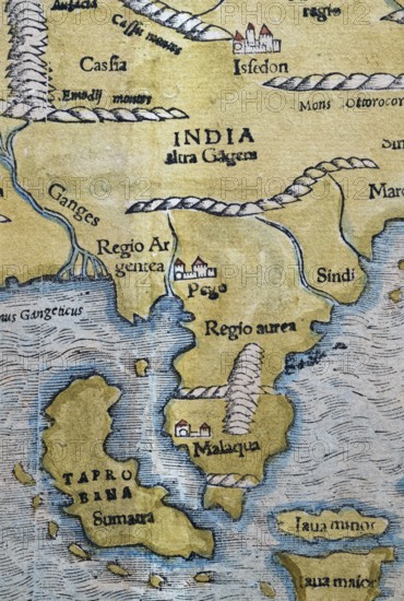 North India, Sumatra, Malaysia, detail, hand-coloured woodcut map from Sebastian Münster Cosmographey oder Beschreibung aller Länder, Basel 1578