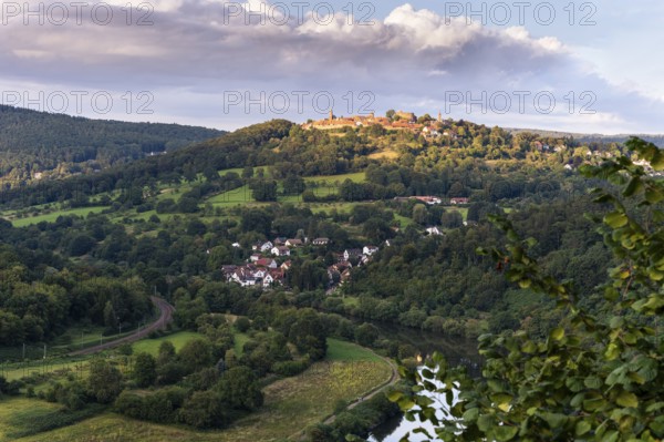 View of the historic Dilsberg castle fortress and the Neckar river in the Neckartal-Odenwald nature park. In the evening. Dilsberg, Neckargemünd, Rhine-Neckar district, Baden-Württemberg, Germany