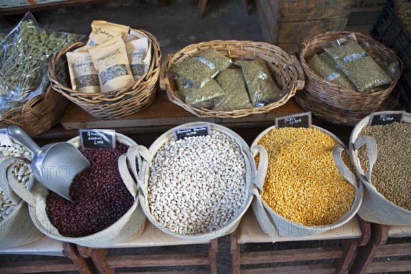 Pulses for sale in the mountain village of Vytina, highlands of Arcadia, Peloponnese, Greece