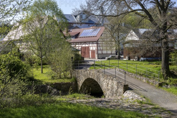 Historic bridge over the Triebisch, in the background the Furkert-Bartsch mill, Miltitz, Klipphausen, Saxony, Germany