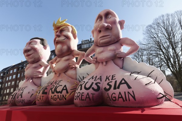 Autocrats Trump, Putin and Xi with big scrotums, Make America, Russia, China Great Again, papier-mâché figures, theme float by Jacques Tilly, Rosenmontagszug 2025, Düsseldorf, Rhineland, North Rhine-Westphalia, Germany