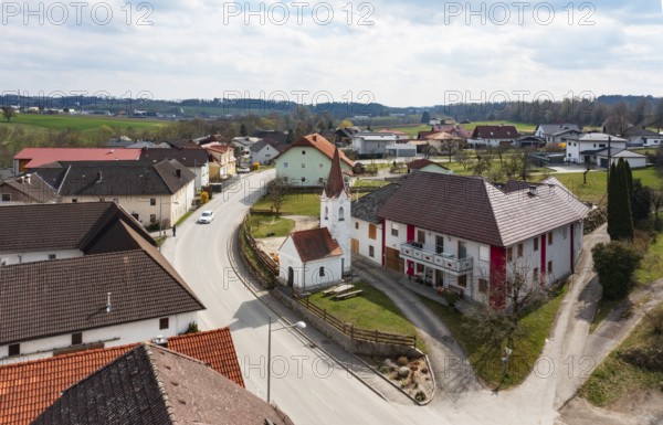 Drone shot, view of the village, village church of Unterweitersdorf, Mühlviertel, Upper Austria, Austria