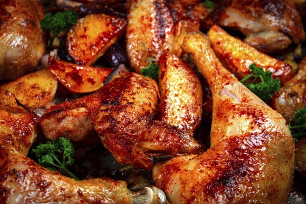 Roast chicken legs with potatoes and onions in the oven, homemade. No people.