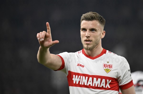 Goal celebration Ermedin Demirovic VfB Stuttgart (09) Gesture Gesture MHPArena, MHP Arena Stuttgart, Baden-Württemberg, Germany