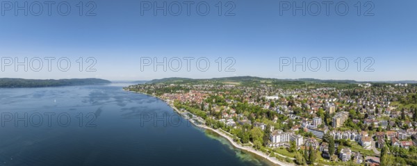 Aerial view, panorama of Überlingen on Lake Constance with the historic old town and the lakeside promenade, promenade, Lake Constance district, Baden-Württemberg, Germany