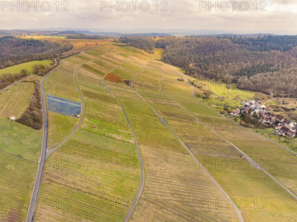 Aerial view of agricultural fields and wooded hills in a rural area, Lichtenberg Castle, Oberstenfeld, Germany