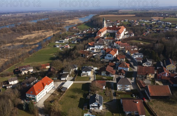 Drone shot, view of the village with Augustinian monastery Reichersberg, Reichersberg, Innviertel. Upper Austria, Austria