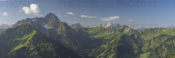 Panorama from Walmendinger Horn, 1990m, to Großer Widderstein, 2533m, and into Kleinwalsertal, Allgäu Alps, Vorarlberg, Austria