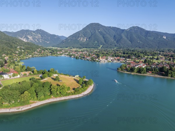 Ferry on the lake, view of Rottach-Egern and Wallberg, Tegernsee, aerial view, Tegernsee, Bavaria, Germany